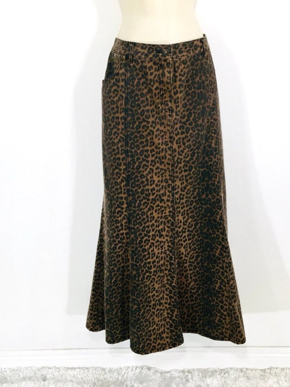 Jeanology Trumpet Maxi Skirt Leopard Denim Sz 16 90s Y2K Mermaid Whimsy Flare